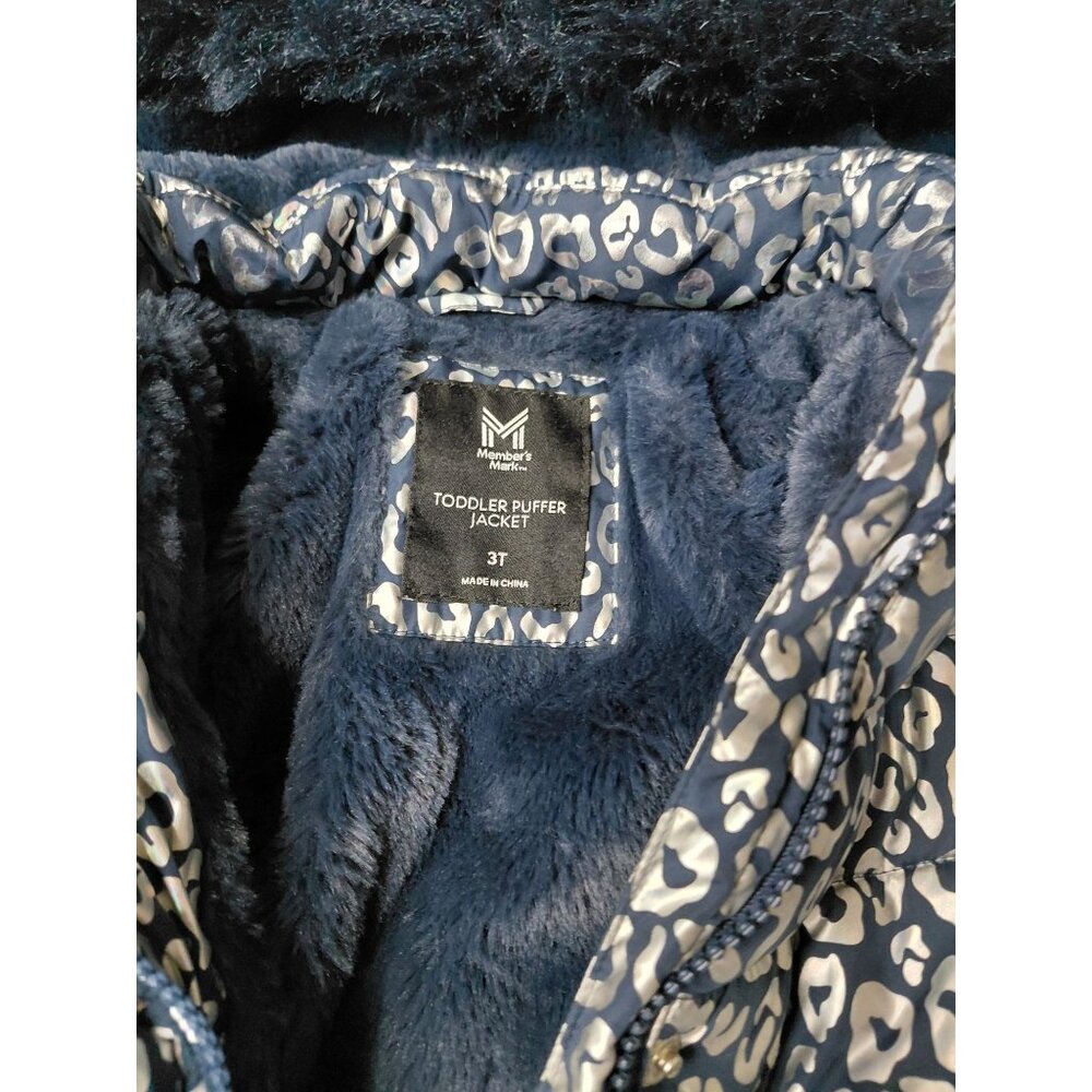 Members Mark Toddler Puffer Jacket 3T Navy Leopard Print Faux Fur Hood Winter - Picture 3 of 9
